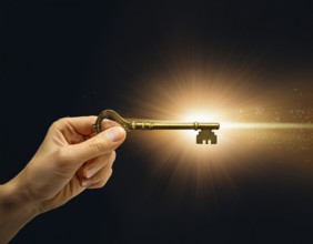 A hand holds an antique key, leading to a bright light in a keyhole shape, symbolizing opportunity,