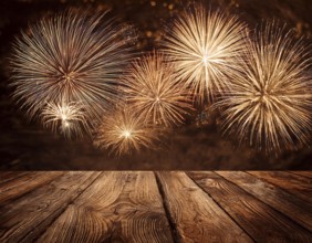 Elegant Fireworks Display Over Wooden Deck During Night Celebration, AI generated