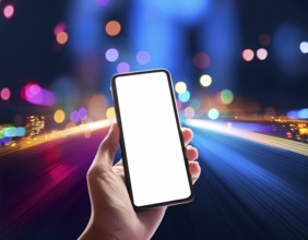 Hand holding a smartphone with a blank screen above a motion-blurred, colorful light background, AI