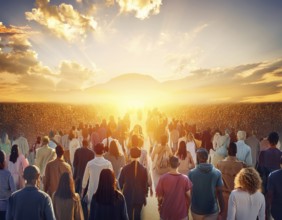 A group of individuals walks along the ground, silhouetted by a large setting sun, creating a