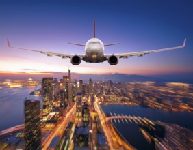 A breathtaking depiction of a commercial aircraft soaring majestically above a vibrant city