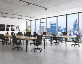 Modern coworking space with laptops, coffee cups, and plants in daylight, reflecting creativity,