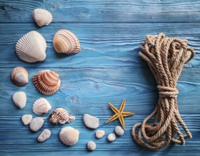 Frame of rope, seashells and starfishes is lying on a wooden textured blue background, AI generated