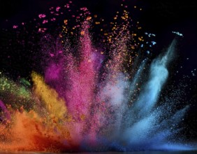 A colorful explosion powder on black background.. Multicolored powder explosion, AI generated