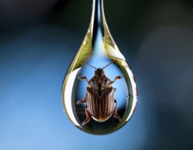 A close-up artistic depiction of a insect inside a water droplet, floating on ripples. Evoking