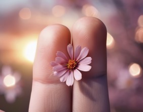 A gentle hand carefully holds a small flower with adarl color background, AI generated