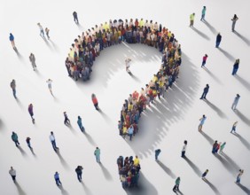 Large group of people arranged in the shape of a question mark, symbolizing inquiry or uncertainty,
