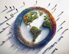 A vibrant image showcasing a diverse group of people encircling a colorful earth depiction,