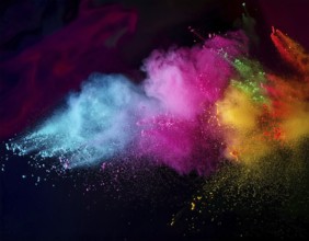 A colorful explosion powder on black background.. Multicolored powder explosion, AI generated
