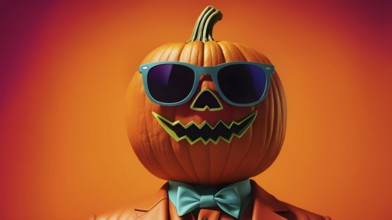 Carved Halloween pumpkin character in sunglasses and green blue bow tie wearing an orange suit, on