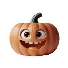 A playful cartoonish pumpkin with large smiling eyes and a joyful expression. AI generated
