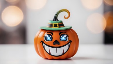 A cheerful pumpkin with a witch hat, sparkling blue eyes, and big white teeth, set against a