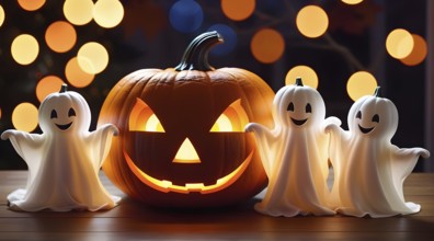 Trio of ghosts, three cute lovely childish baby ghosts on wooden table next to glowing carved