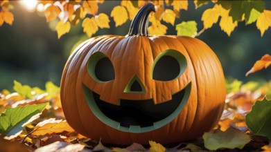 Carved friendly smiling Halloween pumpkin on fallen autumn leaves under the tree in the park. AI