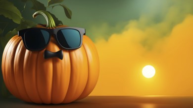 Cool Halloween pumpkin with bow tie mustache wearing sunglasses against whimsical intricate sunset