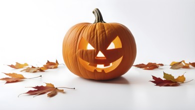 Carved Halloween pumpkin on clean white background, fallen autumn leaves around, copy space. AI