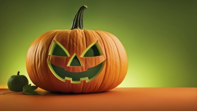 Carved orange Halloween on orange surface, against light green background with clean empty blank