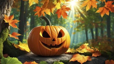 Carved Halloween pumpkin on a stone in the forest under the tree, fallen autumn leaves around,