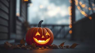 A carved pumpkin with a friendly grin glows softly on a wooden porch, illuminated by its inner