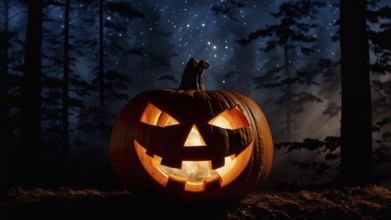Large single jack-o-lantern, carved Halloween pumpkin in an autumn forest at night under beautiful