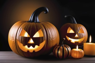 Jack-o-lanterns, carved Halloween pumpkins on a wooden table, minimalistic dark background,