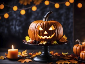 Halloween orange ribbed pumpkin or jack-o-lantern glowing on a cake stand, autumn leaves and
