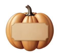 A vibrant orange pumpkin with a smooth surface and a blank label sits ready for Halloween,