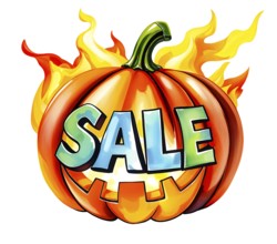 A vibrant painted burning pumpkin with the word 'SALE' and flames, conveying a hot Halloween sales