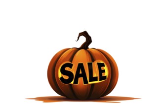 An orange pumpkin with the word 'SALE' carved into it, set against a white background, conveying a