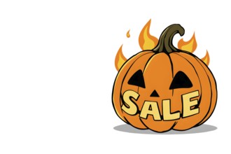 A flaming cartoon jack-o-lantern in fire with text sale for Halloween special offers or marketing