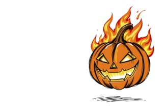 A flaming jack-o'-lantern with a sinister grin, set against a white background, Halloween theme. AI