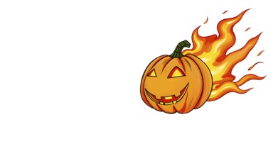 A cartoon jack-o'-lantern in fire with a flaming trail, symbolizing Halloween hot sale or special