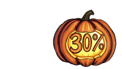 Illustration of a pumpkin with a 30% discount symbol carved, themed for Halloween sale. AI