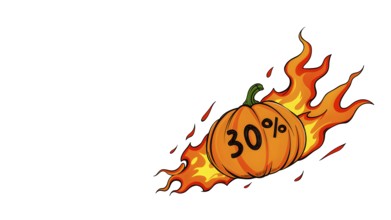 A fiery pumpkin with 30% off written, symbolizing a Halloween discount or seasonal sale. AI