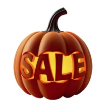 A carved pumpkin with text 'SALE' lit from within, creating a festive Halloween atmosphere. AI