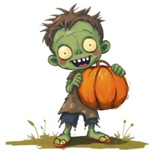 Cute green zombie kid with rosy cheeks holding a pumpkin bucket against white background on