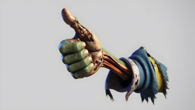 A realistic 3D cartoon green zombie hand with exposed muscles giving a thumbs up, Halloween or Day