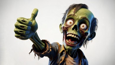 Cartoon zombie with green skin giving a thumbs up, featuring an excited expression. AI generated