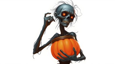 A graceful zombie with glowing eyes delicately holds an orange pumpkin bucket. This unique figure