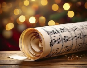 A close-up image of rolled sheet music placed on a rustic surface, highlighted by a warm bokeh