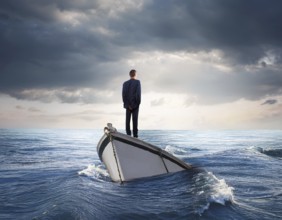 A surreal and contemplative scene of a businessman standing alone on a boat over calm ocean waters.