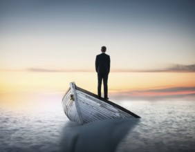 A surreal and contemplative scene of a businessman standing alone on a boat over calm ocean waters.