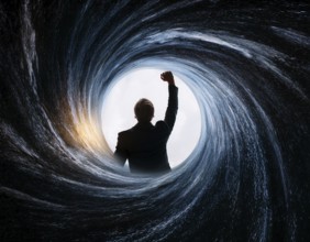 A silhouette of a person appears to fall into a brightly lit vortex amidst cosmic spirals, AI
