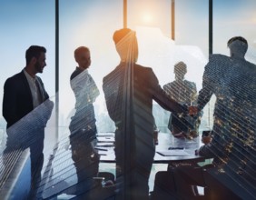 Double exposure image of business people with a modern city. Concept of teamwork, AI generated