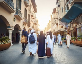 Travelers walk through an scanic architecture and culture of Muslim country, AI generated