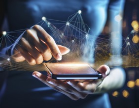 A close-up of a hand using a smartphone with a glowing digital network overlay, illustrating