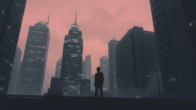 Celebrate ambition with man silhouette cityscape art, a motivational poster symbolizing dreams,