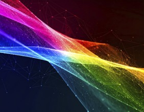 Abstract technology network wall art with glowing multi-color lines and nodes, futuristic digital