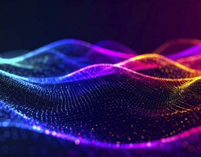 Abstract technology network wall art with glowing multi-color lines and nodes, futuristic digital