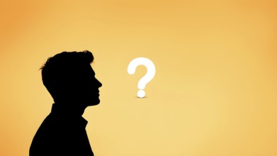 A silhouette of a man with question marks symbolizing uncertainty and exploration, AI generated